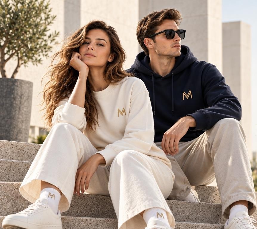 Woman and man in Maison Velour off-white and navy pieces sitting on stone steps