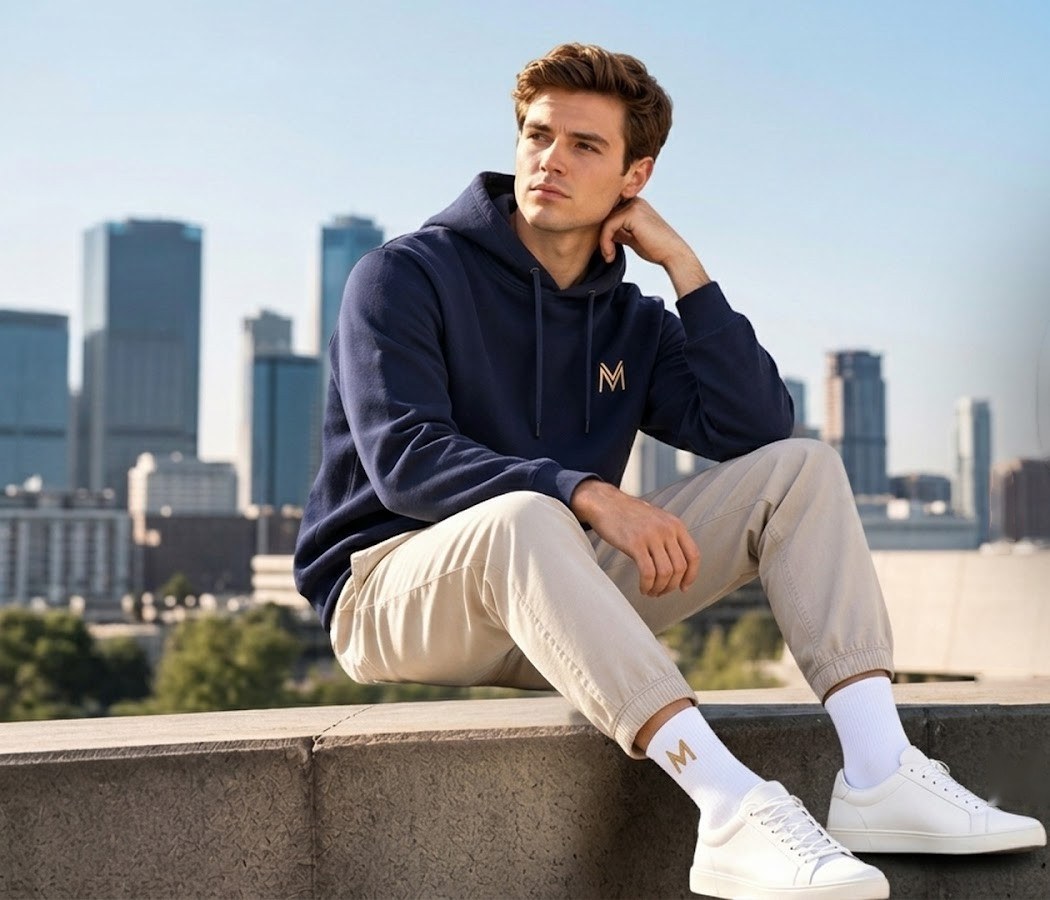 Man in a navy Maison Velour heavy hoodie against a city skyline