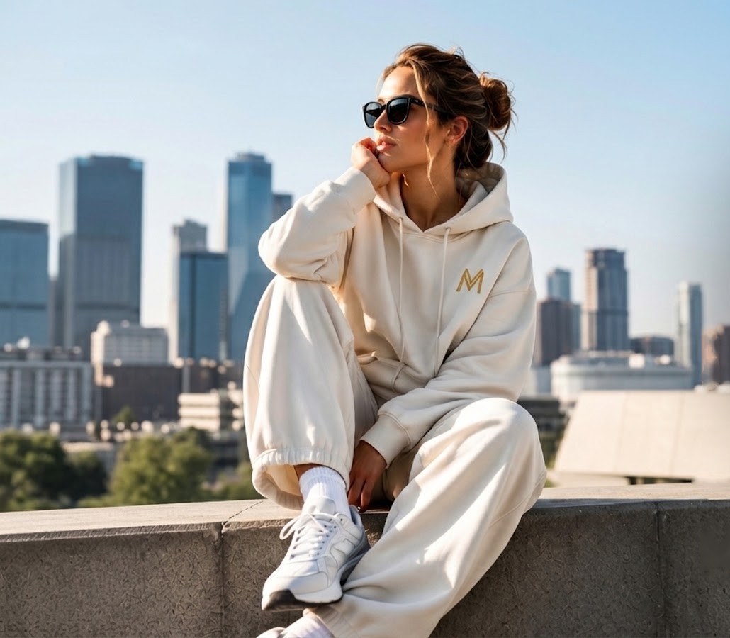 Woman in an off-white Maison Velour hoodie and joggers against a city skyline