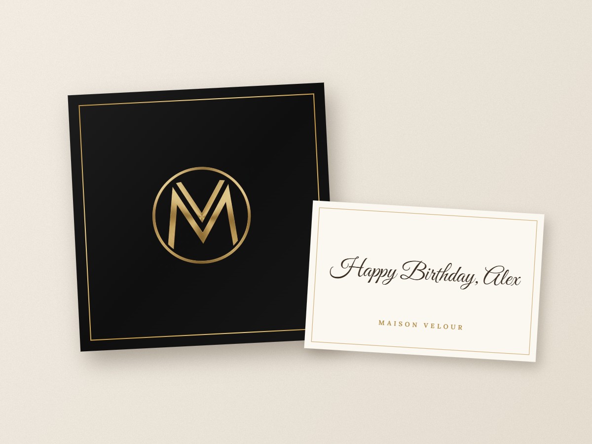 Maison Velour gift box with a personal message card