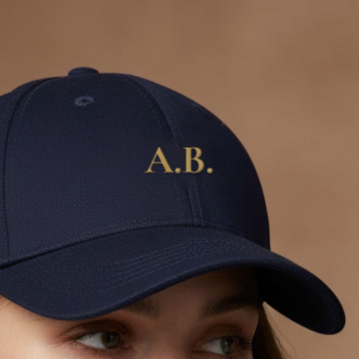 Navy cap with gold embroidered initials A.B.