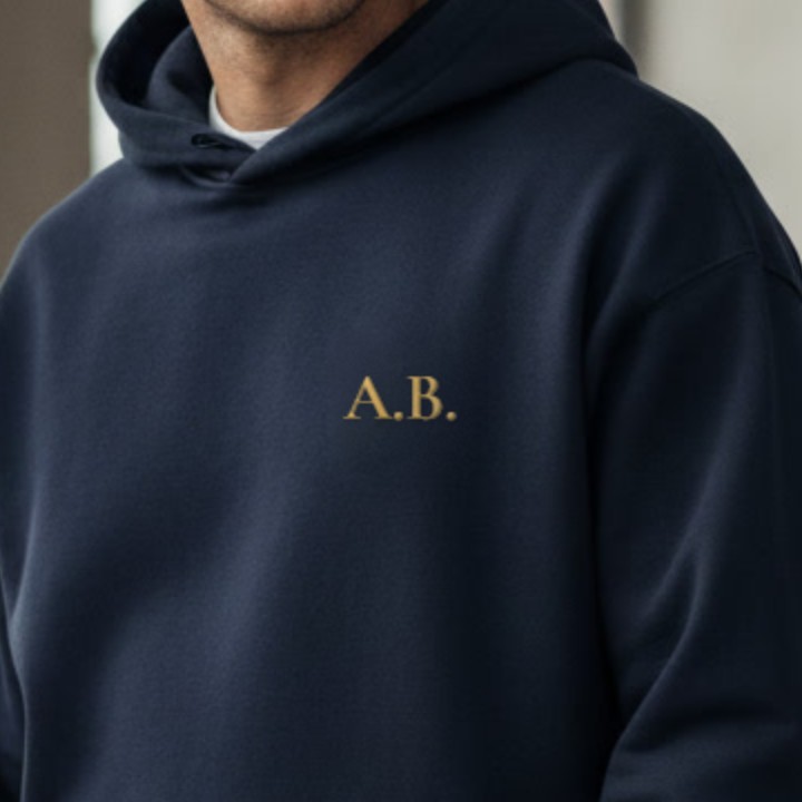 Navy hoodie with gold embroidered initials A.B.