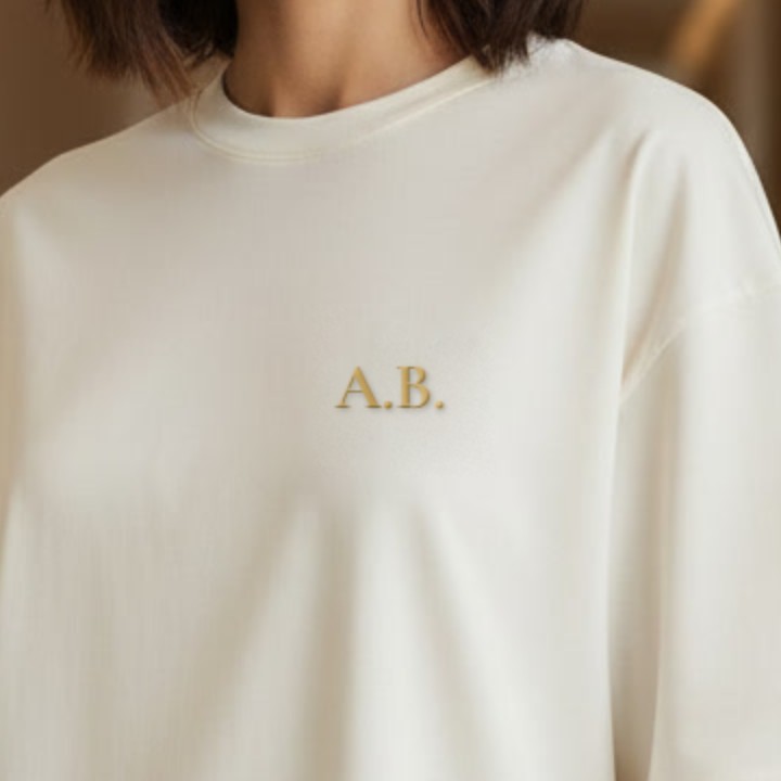 Off-white T-shirt with gold embroidered initials A.B.