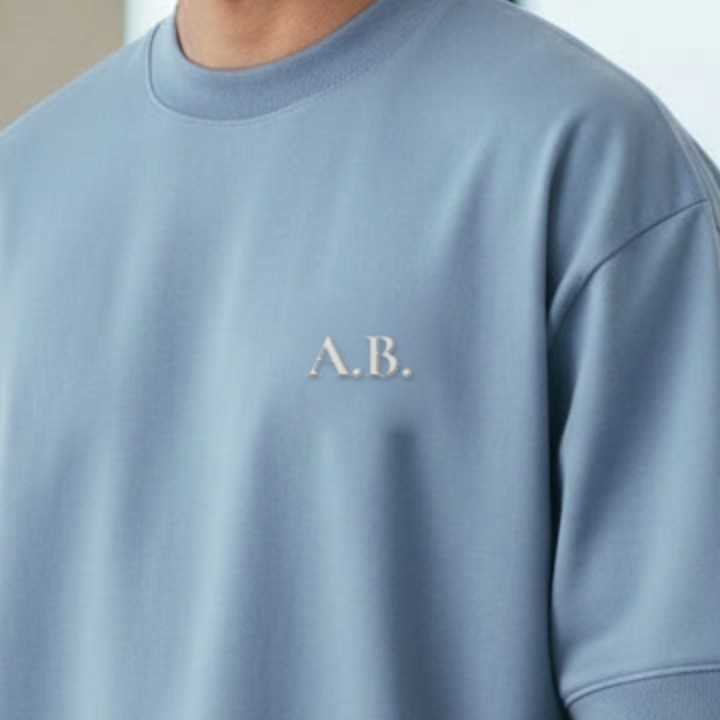 Light blue T-shirt with white embroidered initials A.B.